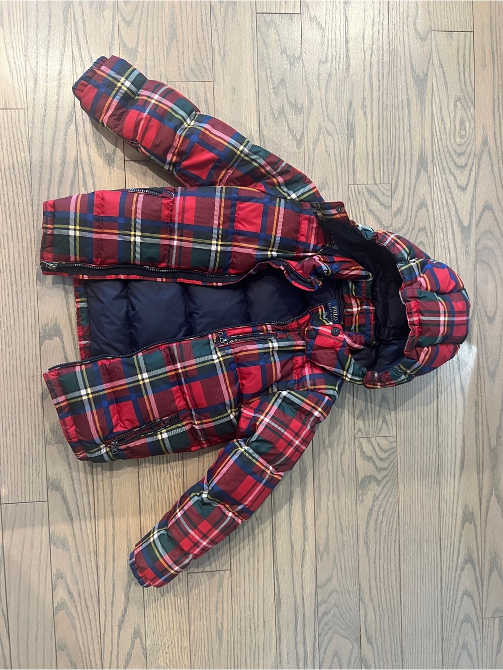 Polo by Ralph Lauren Red Plaid Hooded Puffer Jacket